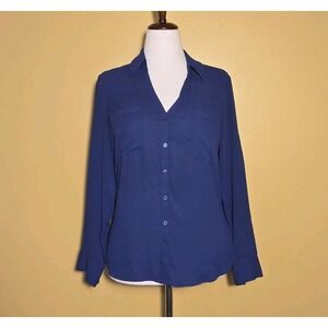 Express The Portofino Shirt Blouse Medium M Royal Blue Long Roll Tab Sleeves V